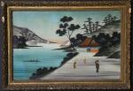 JAPON : Paysages lacustres animés. Deux peintures avec photos de...