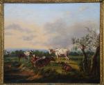 DESAN Charles (XIX's) : Vaches aux près, vers 1840-1850. H.s.T...