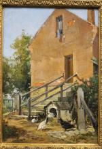 GALIEN-LALOUE Eugène (1854-1941) : La Cour de ferme, 1885. H.s.P....