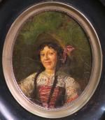 BILHAUT Elisabeth (XIX') : Femme à la coiffe. Miniature à...
