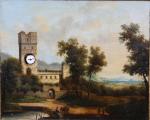Tableau-horloge à musique d'époque XIX's à décor d'un paysage animé...