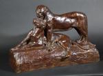 FIOT Maximilien (1886-1953) : Couple de panthères. Groupe en bronze...