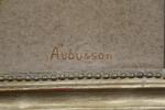 AUBUSSON : Jetée de fleurs. Petite tapisserie d'Aubusson signée, montée...