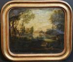 Ecole italienne du XVIII's : Paysage panoramique avec deux pélerins,...