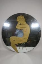 Grand miroir circulaire à décor églomisé doré d'une femme dans...