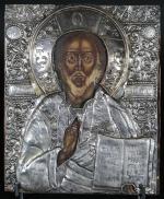 Icône russe représentant le Christ bénissant, oklad en argent, ép....