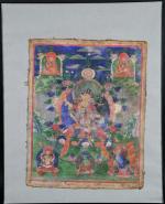 TIBET : Thangka représentant Manjusri assis en méditation sur un...