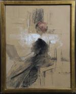 CALBET Antoine (1860-1944) : L'amatrice d'estampes. Trois crayons signé. 39,5...
