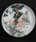 CHINE : Plat rond en porcelaine à décor polychrome de...