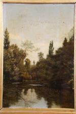 NAVIER Gabriel (1861-1917) : Paysage avec étang et église. H....