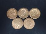 Cinq pièces de 20 Francs or Napoléon III, tête laurée...