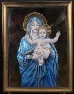 LIMOGES : Vierge à l'Enfant. Plaque rectangulaire en émaux polychromes...