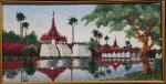 Ecole birmane du XX's : Paysage aux temples. Collage de...