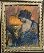 RIOM Gustave (1839-1898) : Femme à la lampe. Pastel signé...