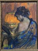 RIOM Gustave (1839-1898) : Femme à la lampe. Pastel signé...