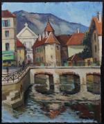 ROSSIGNOL Pierre (1910-1988) : Vue de village au pont. H....