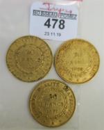 Trois pièces de 20 Francs or type Génie. Paris 1876,...