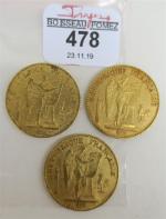 Trois pièces de 20 Francs or type Génie. Paris 1876,...
