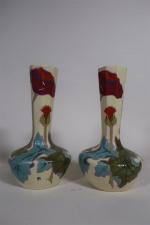 Henri CHAUMEIL (1877-1944). Paire de vases bouteilles en céramique émaillée...