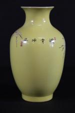 CHINE : Vase balustre en porcelaine à décor émaillé sur...