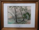 GUYOT Emmanuel (XIX-XXème siècle) - Paysage lacustre. Fusain et aquarelle,...