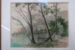 GUYOT Emmanuel (XIX-XXème siècle) - Paysage lacustre. Fusain et aquarelle,...