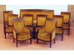 Important salon d'époque Restauration en acajou sculpté, comprenant six fauteuils,...