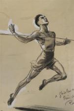 ORDNER Paul (1900-1969) - L'arrivée du sprinter. Dessin au fusain...