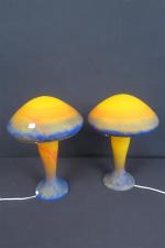 Paire de lampes champignons en verre marmoréen jaune et bleu...