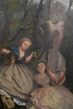 Ecole Française vers 1900. Trois femmes en robes à la...