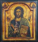 ICÔNE russe représentant le Christ Pantocrator entouré de deux anges...