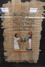 Lot de quatre pièces encadrées comprenant : trois PAPYRUS egyptiens...