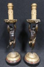 Paire de lampes modernes en bronze patiné et doré représentant...