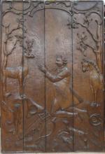 Panneau en chêne sculpté en bas-relief représentant Saint-Hubert avec ses...