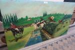 La course de chevaux. Grand panneau en bois peint (usures)....