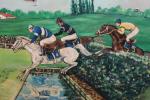 La course de chevaux. Grand panneau en bois peint (usures)....
