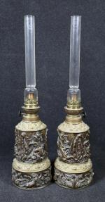 Paire de lampes à pétrole d'époque Napoléon III en cuivre...