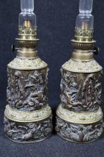 Paire de lampes à pétrole d'époque Napoléon III en cuivre...