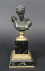 Petit buste d'Apollon en bronze patiné sur piédouche doré, base...