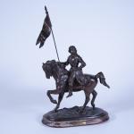 Sculpture équestre en régule patiné médaille représentant Jeanne d'Arc se...