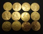 Troisième République : Douze pièces de 20 francs or type...