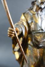 Saint tenant une baton en bois sculpté peint et doré,...