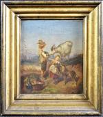 HEYNEMANS (XIX's) : Paysan avec sa fillette, chèvre et chien....