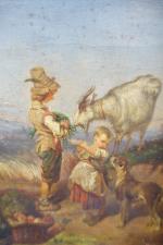 HEYNEMANS (XIX's) : Paysan avec sa fillette, chèvre et chien....